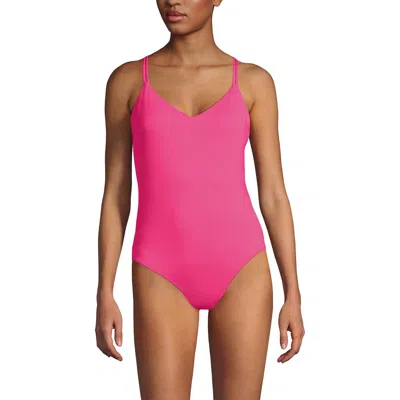 Lands' End Tugless Quickdry V-neck Multi-way High Leg One Piece Swimsuit In Pink