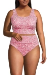 Lands' End Tugless Tankini Top And High Waisted Bottom Swimsuit Set In Coral Rose/white Ditsy Lilies