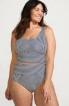 Lands' End Tugless Tankini Top And High Waisted Bottom Swimsuit Set In Deep Sea Navy Mini Stripe