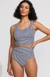 Lands' End Tugless Tankini Top And High Waisted Bottom Swimsuit Set In Deep Sea Navy Mini Stripe
