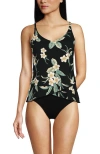 Lands' End Tulip Hem Tankini Top In Black Plumeria Floral