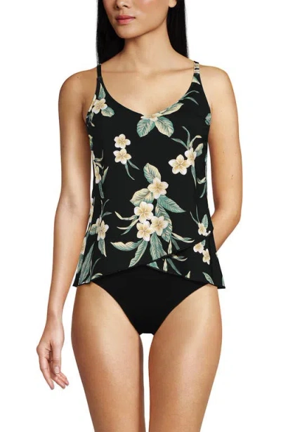 Lands' End Tulip Hem Tankini Top In Black Plumeria Floral