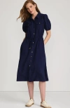 Lands' End Twill Button Front Fluid Short Sleeve Dress In Deep Sea Navy