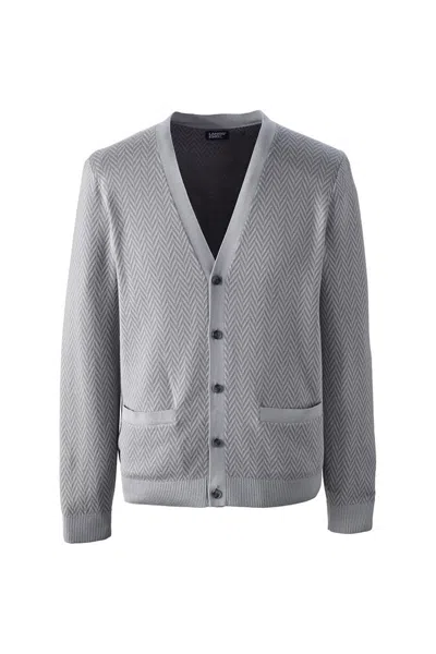 Lands' End Unisex Big Herringbone Long Sleeve Button Front Cardigan Sweater In Gray