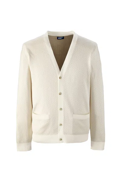 Lands' End Unisex Big Herringbone Long Sleeve Button Front Cardigan Sweater In White