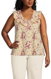 Lands' End V Neck Cascade Ruffle Top In Cream/granite Snowdrop Floral