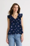 Lands' End Plus Size V Neck Cascade Ruffle Top In Deep Sea Navy Bouquet