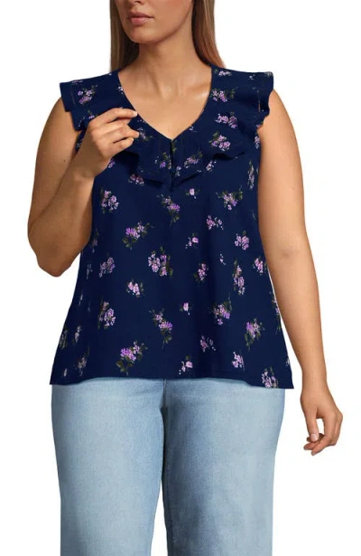 Lands' End Plus Size V Neck Cascade Ruffle Top In Deep Sea Navy Bouquet