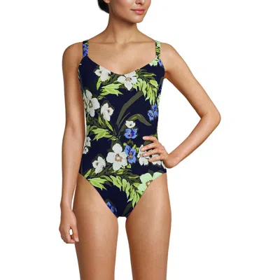 Lands' End V-neck High Leg Strappy Back One Piece In Multi