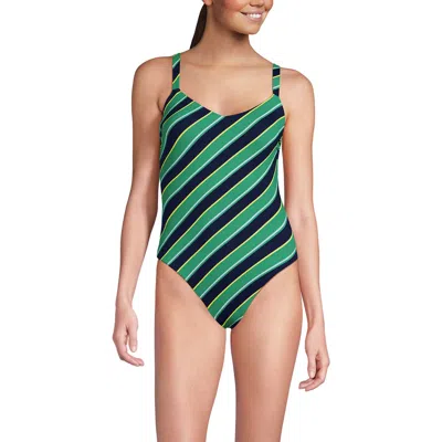 Lands' End V-neck High Leg Strappy Back One Piece In Green