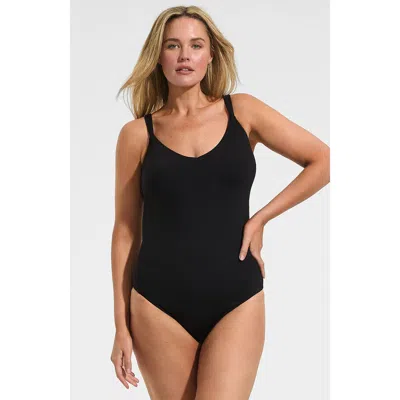 Lands' End V-neck High Leg Strappy Back One Piece In Black