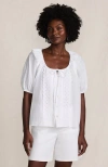 Lands' End Voile Puff Elbow Sleeve Embroidered Blouse In White