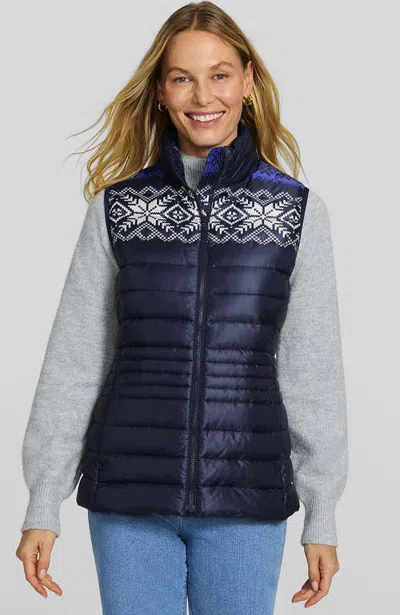 Lands' End Wanderweight Packable Down Vest In Deep Sea Navy Fairisle