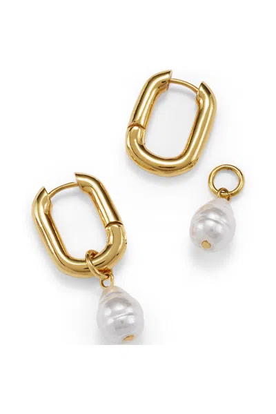 Lands' End Water-resistant Convertible Pearl Hoop Earrings In Gold