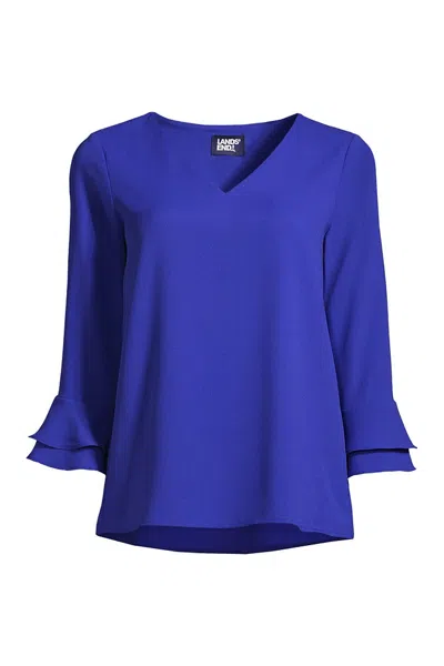 Lands' End Women's 3/4 Flutter Sleeve Crepe Blouse In Blue