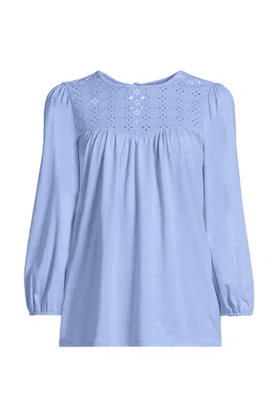 Lands' End Women's 3/4 Sleeve Eyelet Mix Flowy Top In Blue