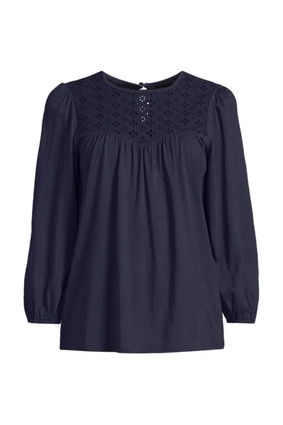 Lands' End Women's 3/4 Sleeve Eyelet Mix Flowy Top In Blue