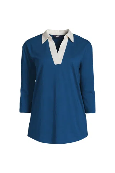 Lands' End Women's 3/4 Sleeve Super T Collared Popover Tunic In Blue