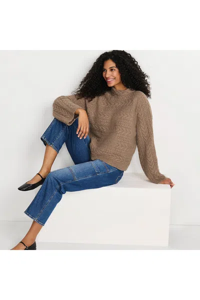 Lands' End Women's Boucle Funnel Neck All Over Cable Sweater In Brown