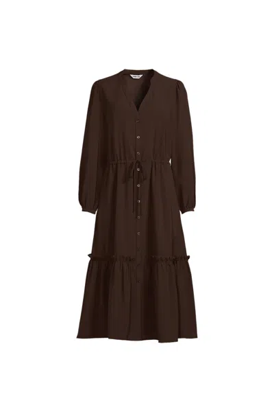 Lands' End Women's Bracelet Button Front Midi Dress In Brown