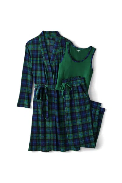 Lands' End Women's Brushed Cozy Waffle Jersey 3 Piece Pajama Set - Tank Top Pant And Robe In Green