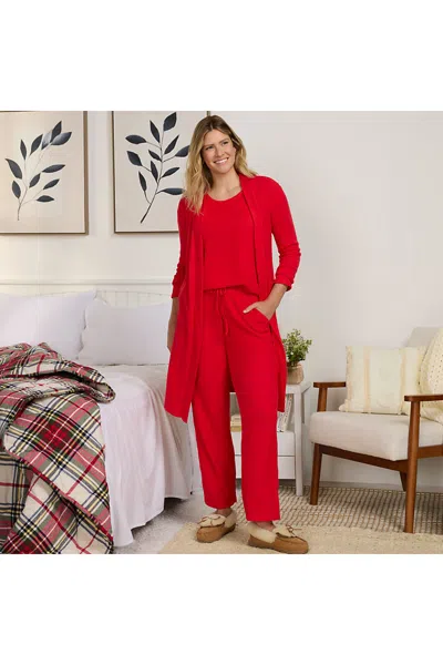 Lands' End Women's Brushed Cozy Waffle Jersey 3 Piece Pajama Set - Tank Top Pant And Robe In Red