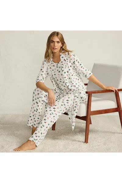 Lands' End Women's Brushed Cozy Waffle Jersey 3 Piece Pajama Set - Tank Top Pant And Robe In White