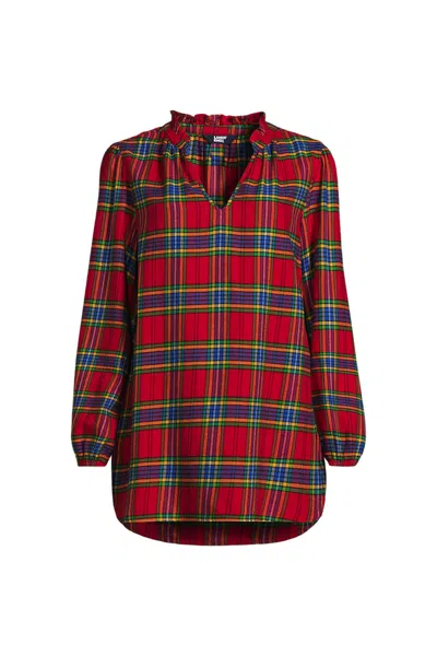 Lands' End Women's Brushed Flannel Ruffle Split Neck Tunic In Red