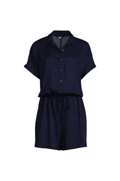 Lands' End Women's Button Front Swim Cover-up Romper In Black
