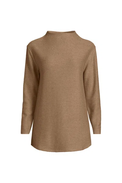 Lands' End Women's Cable Ottoman Relaxed Long Sleeve Funnel Neck Tunic In Brown