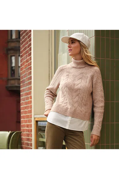 Lands' End Women's Cable Turtleneck With Mock Shirt Detail Sweater In Pink