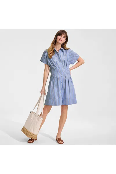 Lands' End Women's Cambric Above The Knee Shirt Dress In Blue