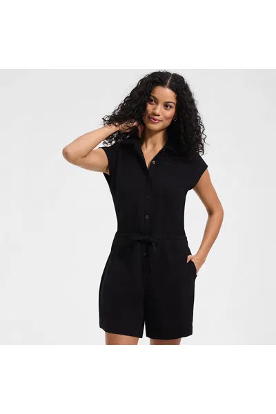 Lands' End Women's Cap Sleeve Creaseless Button-down Romper In Black