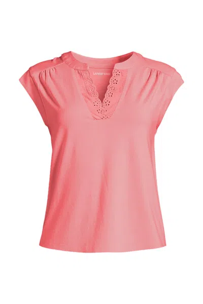 Lands' End Women's Cap Sleeve Lightweight Jersey Lace Shoulder Tee In Pink