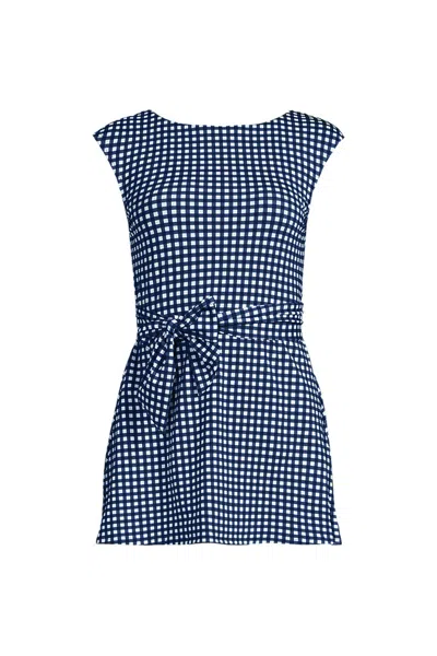 Lands' End Women's Cap Sleeve Tie Belt Mini Swim Dress In Blue