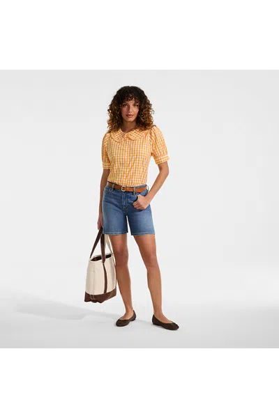 Lands' End Women's Carefree Cotton Puff Sleeve Statement Collar Shirt In Orange