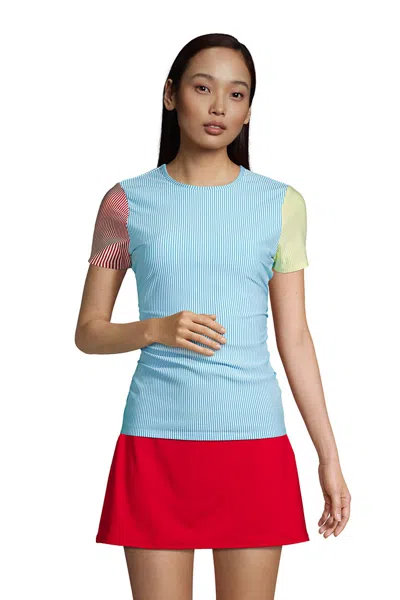 Lands' End Women's Chlorine Resistant Short Sleeve Modest Tankini Top Swimsuit Built In Soft Cup Bra Seersucker In Blue