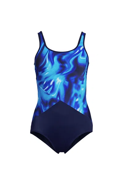 Lands' End Women's Chlorine Resistant Soft Cup Tugless Sporty One Piece Swimsuit In Blue