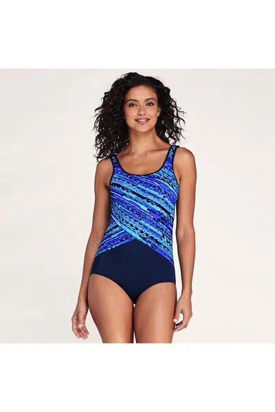 Lands' End Women's Chlorine Resistant Soft Cup Tugless Sporty One Piece Swimsuit In Blue