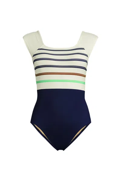 Lands' End Women's Chlorine Resistant Tummy Control Cap Sleeve X-back One Piece Swimsuit In Multi