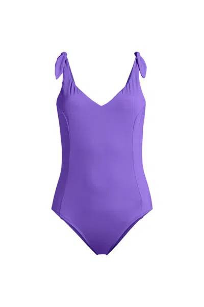 Lands' End Women's Chorine Resistant Tie Shoulder V-neck High Leg One Piece Swimsuit In Purple