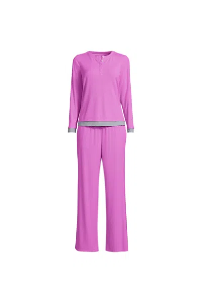 Lands' End Women's Comfort Rib 2 Piece Pajama Set - Long Sleeve Top And Pants In Pink