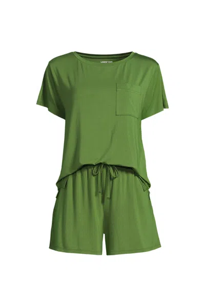 Lands' End Women's Cooling 2 Piece Pajama Set - Short Sleeve Tee And Shorts In Green