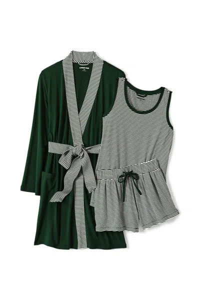 Lands' End Women's Cooling 3 Piece Pajama Set - Robe Tank And Shorts In Green