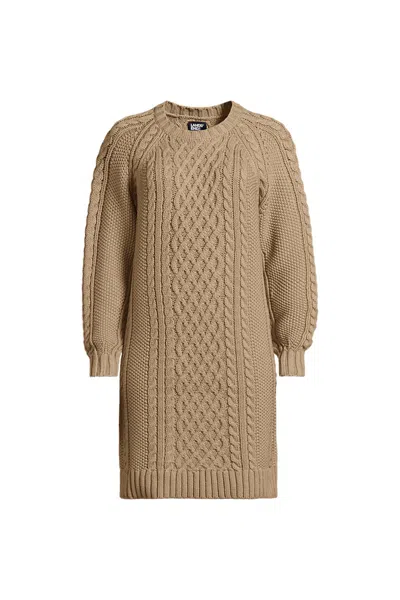 Lands' End Women's Cotton Blend Cable Crew Neck Sweater Dress In Brown