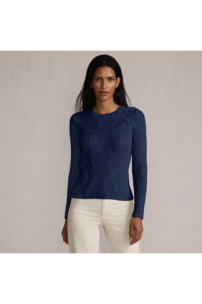 Lands' End Women's Cotton Blend Marl Ribbed Crew Neck Sweater In Blue