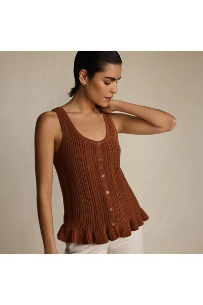 Lands' End Women's Cotton Boucle Ruffle Hem Sleeveless Sweater In Brown