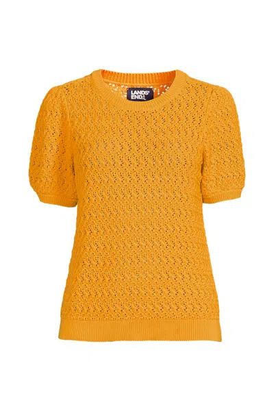 Lands' End Women's Cotton Cable Puff Sleeve Crew Neck Sweater In Orange