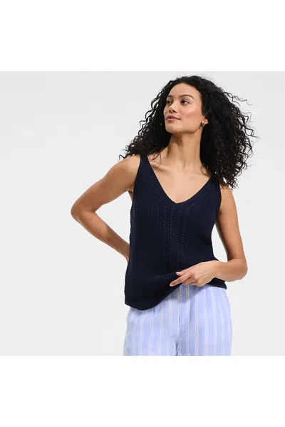 Lands' End Women's Cotton Cable Vneck Tank Sweater In Blue