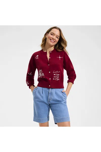 Lands' End Women's Cotton Embellished Cardigan Sweater In Red